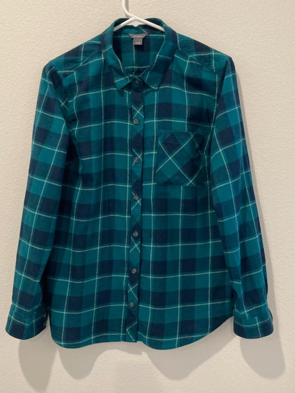✨ Eddie Bauer Teal Green Black Plaid Flannel Button Down - Women's Size L